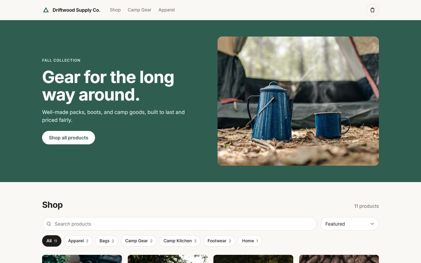 Driftwood Supply Co. storefront: Gear for the long way around